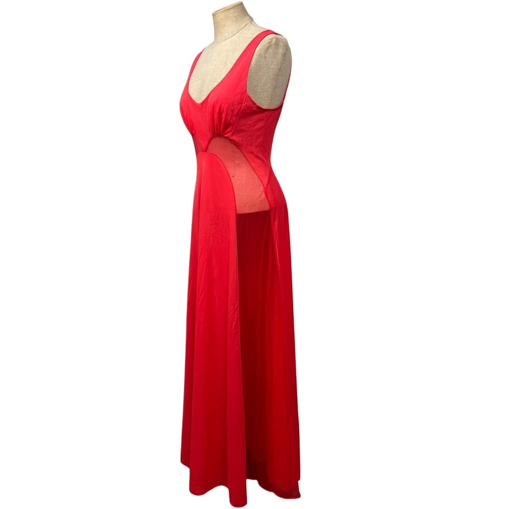 70s Blanche Ralph Montenero Maxi Slip Dress M Orange Red Mesh Glamour Peekaboo